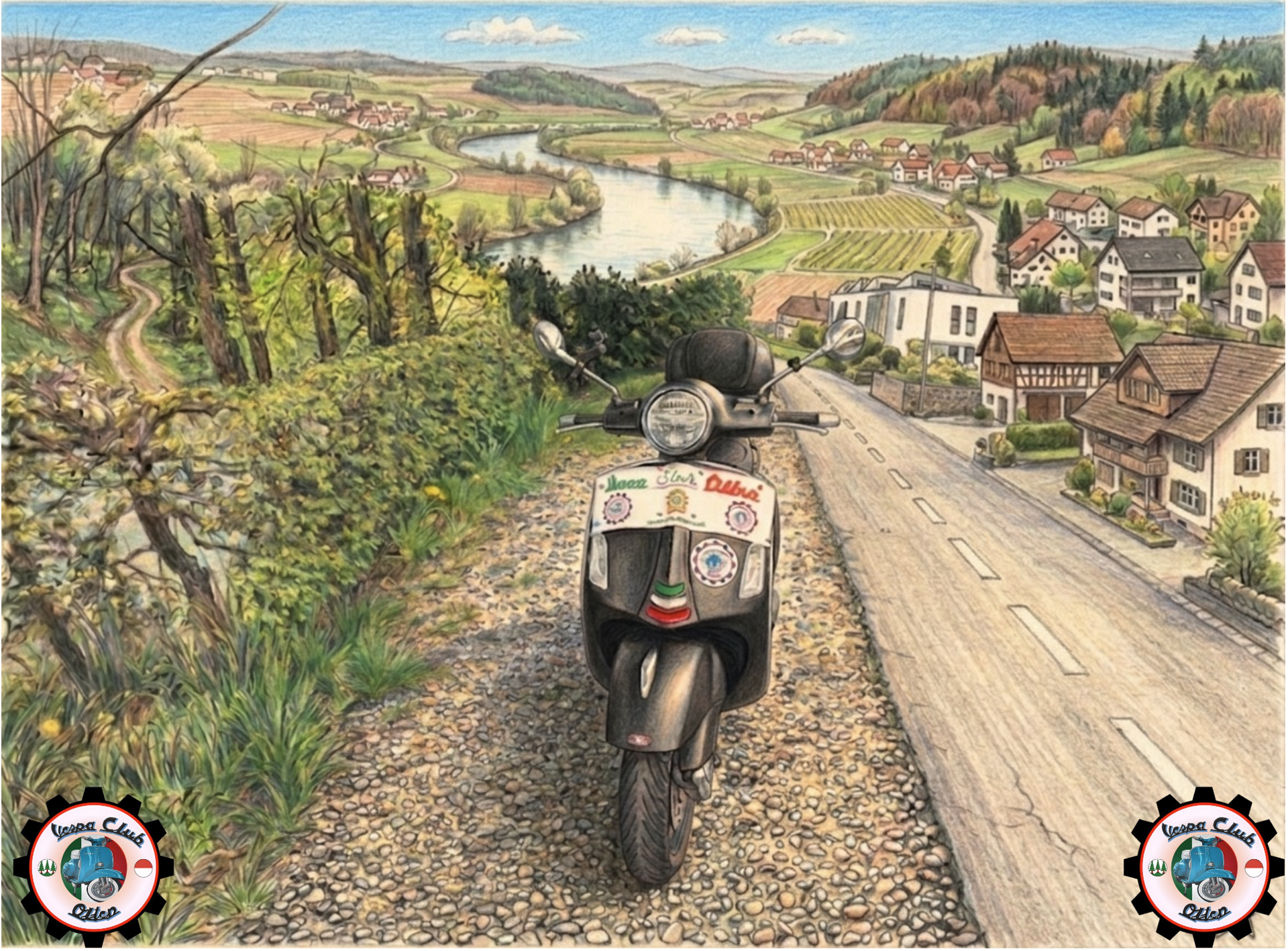 Vespa-mit-flusslandschaft-zeicnung